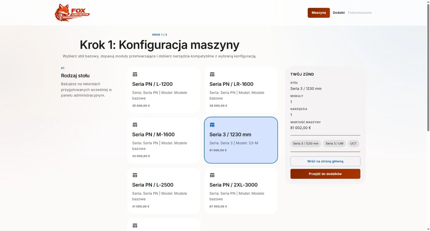 Podgląd strony projektu Konfigurator maszyn
